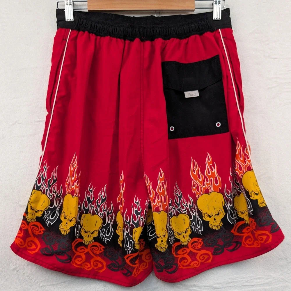 VTG Stig Surf Gear Shorts Mens M Red Mesh Skull Flame Tribal Billabong Style Y2K